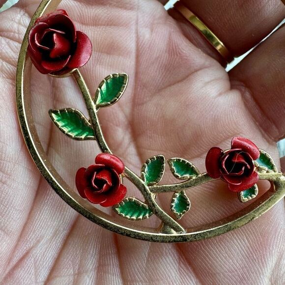 Gold Tone Rose Enamel Hoop Earrings - Picture 3 of 5